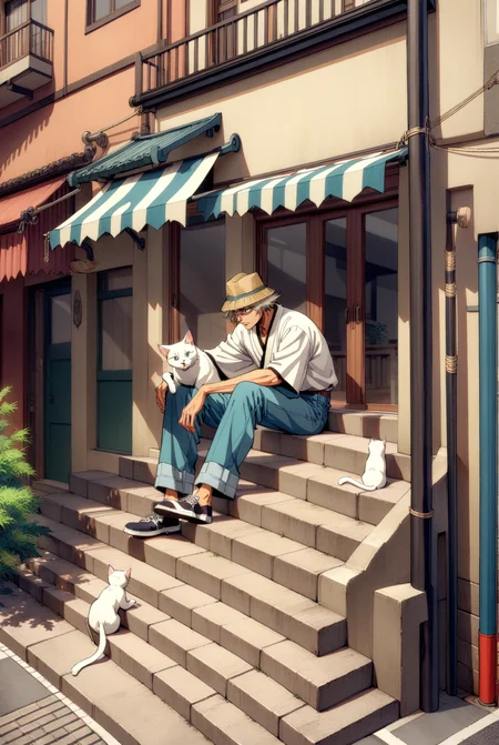 1boy, male focus, urahara kisuke, bleach , (90s anime style:1.5), front view, outdoors, street view, (looking down:1.3), perfecteyes, isometric, sitting on stairs, shirt, denim shorts, 1 white cat sitting next to them, petting the cat <lora:detailed_notrigger:1> <lora:ParchartXL_CODA:0.2> <lora:Isometric Cutaway:1> <lora:PerfectEyesXL:1> <lora:ral-drptpl:0.1> <lora:FILM_PHOTOGRAPHY_STYLE:0.6> <lora:Surreal Harmony:0.2>