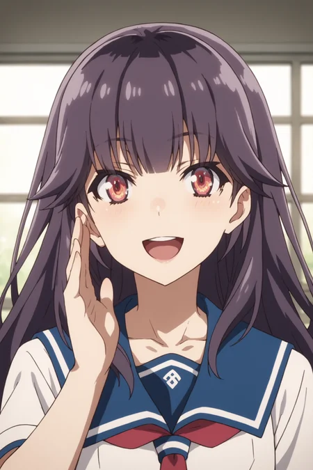 score_9, score_8_up, score_7_up, score_6_up, score_5_up, source_anime, rating_safe, indoors, 1girl, solo, looking at viewer, (dynamic pose:1.5), (upper body:1.1), homura chika, purple hair, long hair, red eyes, shimizu minami high school uniform, serafuku, short sleeves, blue collar, red neckerchief, white shirt, blue skirt, plaid skirt, white kneehighs, loafers, <lora:Chika_Homura:0.8>, <lora:age_slider_v4:2>, smile, open mouth