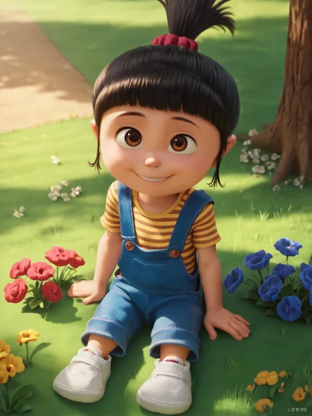 score_9, score_8_up, score_7_up, BREAK, 4gn3sG2u, 1girl, solo, smile, black hair, brown eyes, hair ornament, ponytail, child, striped shirt, overalls, white footwear, in the park, sitting on the ground, smile, grass, flowers, sunlight, shadows, natural lighting  <lora:Agnes_Gru:1>