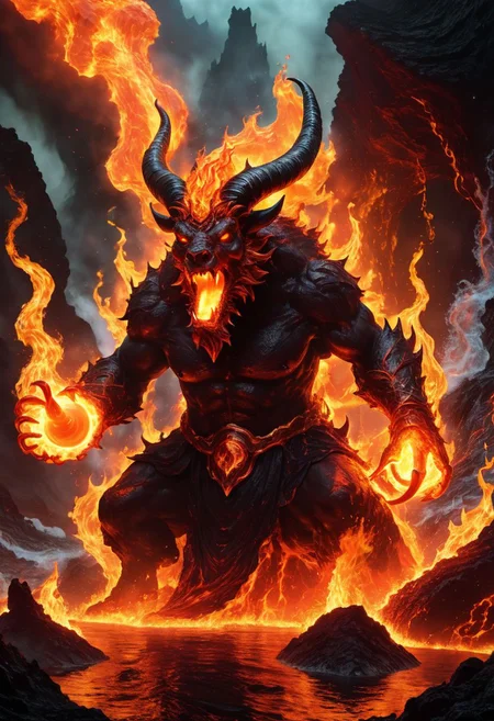 ferrous fire breathing, ghoulish, ghastly horned elemental in a hellish fiery lava filled environment. decimating everything in rage all around it while in the foreground A single wizard figure is using water magic to manipulate water to extinguish fires and battle the beast. OverallDetailXL