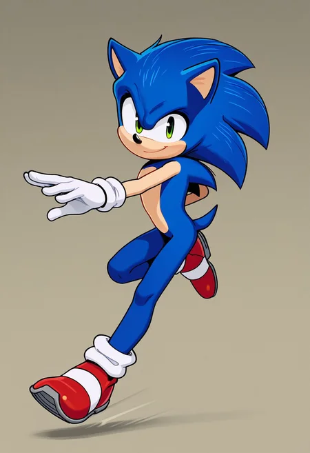 moviesonic,blue fur, green eyes,hedgehog ears, hedgehog tail,smile,
dynamic pose ,full body