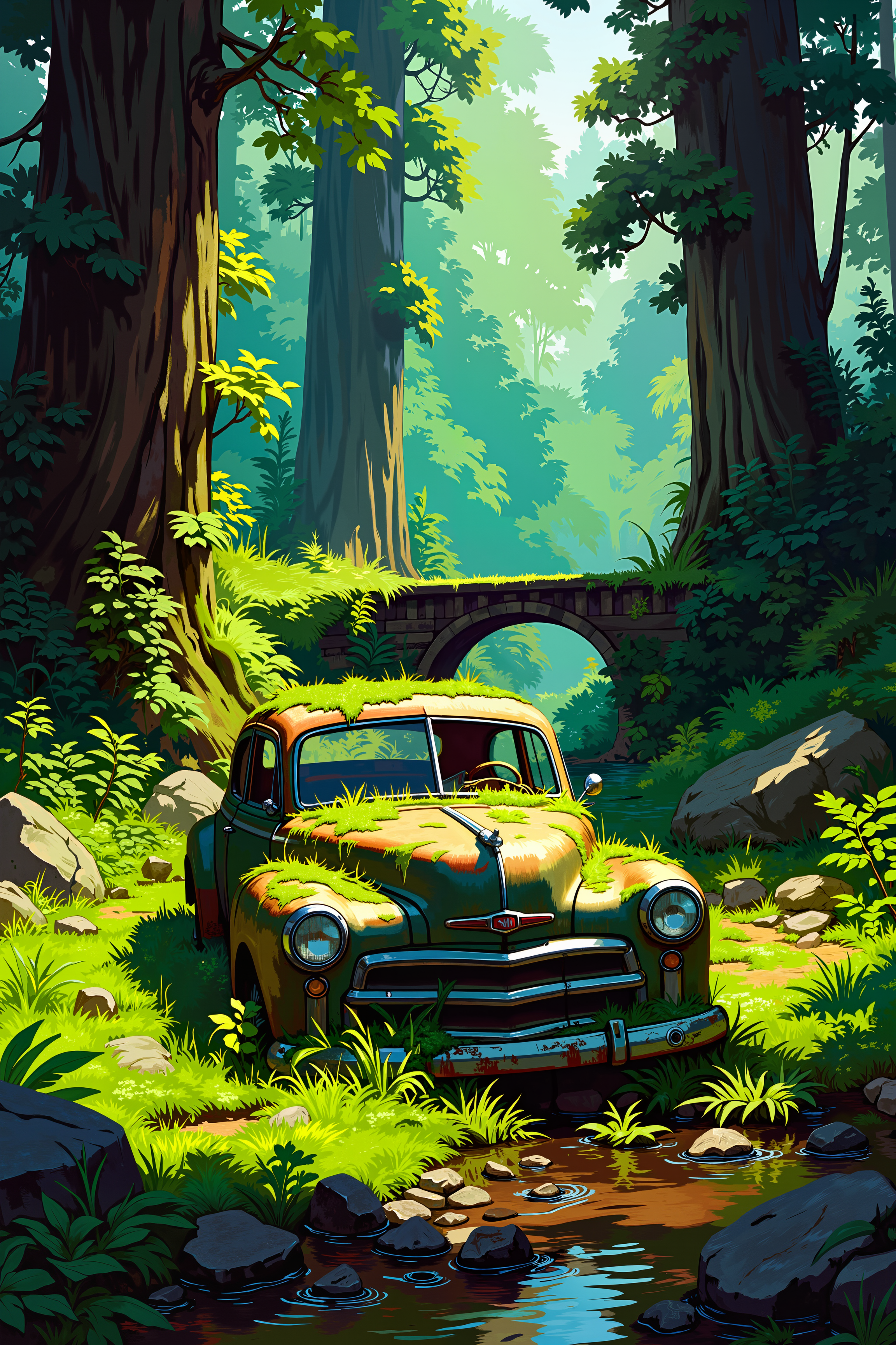 a lush, dense forest scene. The forest is vibrant with various shades of green, indicating a thriving ecosystem. At the center of the image, partially hidden by the foliage, is a rusty, old car with its front end facing the viewer. The car is covered in moss and appears to be abandoned, its paint peeling and metal corroded. The car's windows are intact but dirty, reflecting the surrounding greenery. The background features tall trees with thick trunks and branches, their bark textured and rough. Sunlight filters through the canopy, creating a dappled light effect on the forest floor, which is carpeted with ferns, moss, and other undergrowth. To the left, a small stream runs through the scene, its clear water reflecting the green hues of the surrounding vegetation. On the right side, a wooden bridge spans the stream, partially obscured by the trees. The atmosphere is serene yet slightly eerie due to the abandoned car. , detailed background  Fantastic lighting. Detailed shadows.intricate details, vivid colors, hyper-detailed, ultra-sharp, , <lora:XRSTYLE_FLUX:0.5><lora:RetroAnimeFluxV1:0.4><lora:MoriiMee_Gothic_Niji_Style_FLUX:0.3>
