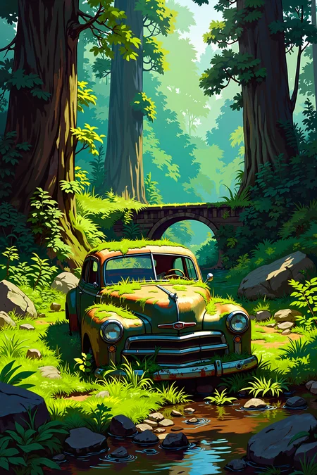 a lush, dense forest scene. The forest is vibrant with various shades of green, indicating a thriving ecosystem. At the center of the image, partially hidden by the foliage, is a rusty, old car with its front end facing the viewer. The car is covered in moss and appears to be abandoned, its paint peeling and metal corroded. The car's windows are intact but dirty, reflecting the surrounding greenery. The background features tall trees with thick trunks and branches, their bark textured and rough. Sunlight filters through the canopy, creating a dappled light effect on the forest floor, which is carpeted with ferns, moss, and other undergrowth. To the left, a small stream runs through the scene, its clear water reflecting the green hues of the surrounding vegetation. On the right side, a wooden bridge spans the stream, partially obscured by the trees. The atmosphere is serene yet slightly eerie due to the abandoned car. , detailed background Fantastic lighting. Detailed shadows.intricate details, vivid colors, hyper-detailed, ultra-sharp, , <lora:XRSTYLE_FLUX:0.5><lora:RetroAnimeFluxV1:0.4><lora:MoriiMee_Gothic_Niji_Style_FLUX:0.3>