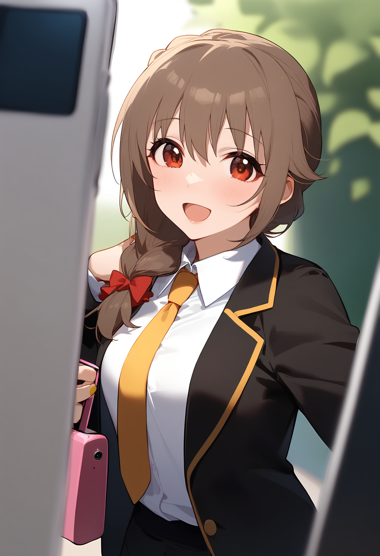 1girl,
senkawa chihiro,


single braid, brown hair, yellow nails, smile, long sleeves, holding phone, white shirt, shirt, nail polish, :d, long hair, open jacket, blurry, hair over shoulder, collared shirt, upper body, red eyes, necktie, yellow necktie, braid, phone, cellphone photo, cellphone, open clothes, depth of field, blurry foreground, solo, black jacket, jacket, hair between eyes, holding, blush,

sfw
<lora:a31_char_new_senkawa_chihiro-000016:1> <lora:a31_style_koni-000010:0.8>