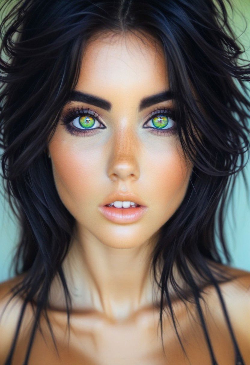 cute girl with large iridescent bright colorful eyes , intense gaze, toned torso and super thick dark black eyeliner and mascara. long hair down to shoulders, cute, dimples, slight smile, Exquisitely detailed close