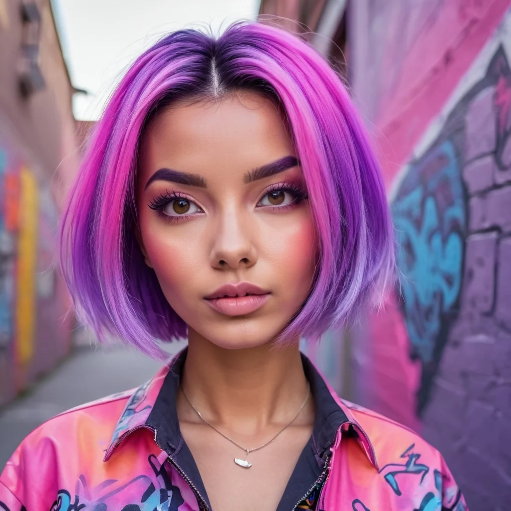 A headshot photo of a female model with gradient pink-to-purple hair styled in a sleek bob, wearing a vibrant graffiti-print jacket. Urban street art background with bright murals.