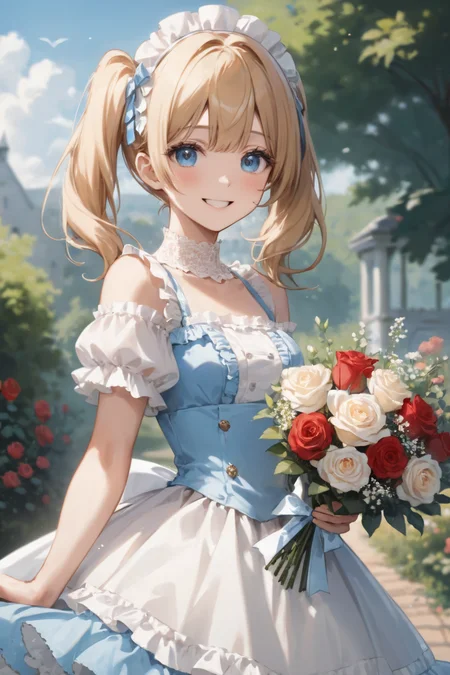 from front view,medium shot, 1 cute young sister,(cute face:1.1),cute body, medium breasts,blonde short twin tails hair,ice blue eyes, (tarem),(happy smile,;D:1.2),(roses gardenscape:1.3),both hands holding (beautiful wedding Bouquet), (beautiful decorated wrapped Bouquet red roses mixed few gypsophila),outdoor,(frilly_lolita dress:1.3),headdress,cowboy shot,snapshot,sfw, looking at viewer,
((masterpiece, best quality, ultra-detailed)), (ultra high res), (sharp focus), (insanely detailed), (perfect anatomy), (detailed face),<lora:neg4all_bdsqlsz_xl_V91:1>