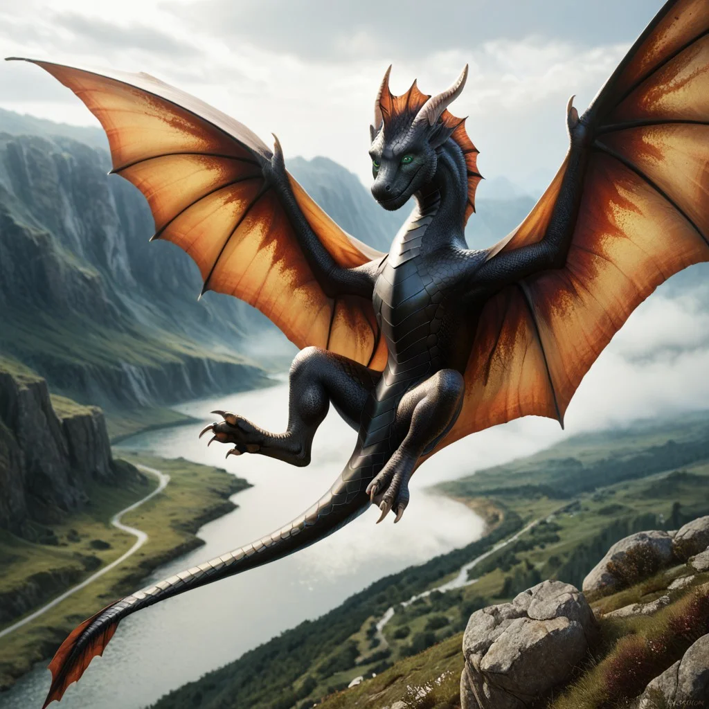 score_9, score_8_up, score_7_up, score_6_up, masterpiece, high quality, realistic, detailed, best quality, 1girl, solo, rating_safe, source_furry, outdoors, flying, smiling, looking at viewer, spread wings, wyvern, scales, wings, tail, 1boy, male, black scales, green eyes, feral, full body, detailed eyes, classic dragon