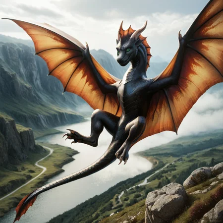 score_9, score_8_up, score_7_up, score_6_up, masterpiece, high quality, realistic, detailed, best quality, 1girl, solo, rating_safe, source_furry, outdoors, flying, smiling, looking at viewer, spread wings, wyvern, scales, wings, tail, 1boy, male, black scales, green eyes, feral, full body, detailed eyes, classic dragon