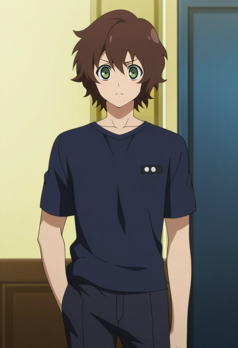 masterpiece, best quality, anime screencap, official style, anime coloring, cowboy shot, 1boy, solo, male focus, <lora:yoichi_saotome_ilxl:0.94>, yoichi_saotome, brown hair, green eyes, short hair, ,