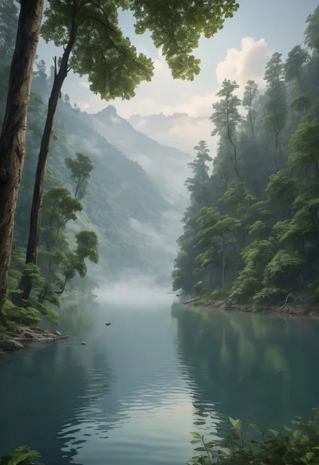 8k, breathtaking,view of a lush forest by the riverside, deep jungle, morning lake mist, masterpiece, award-winning, professional, highly detailed, mist, style-nebmagic