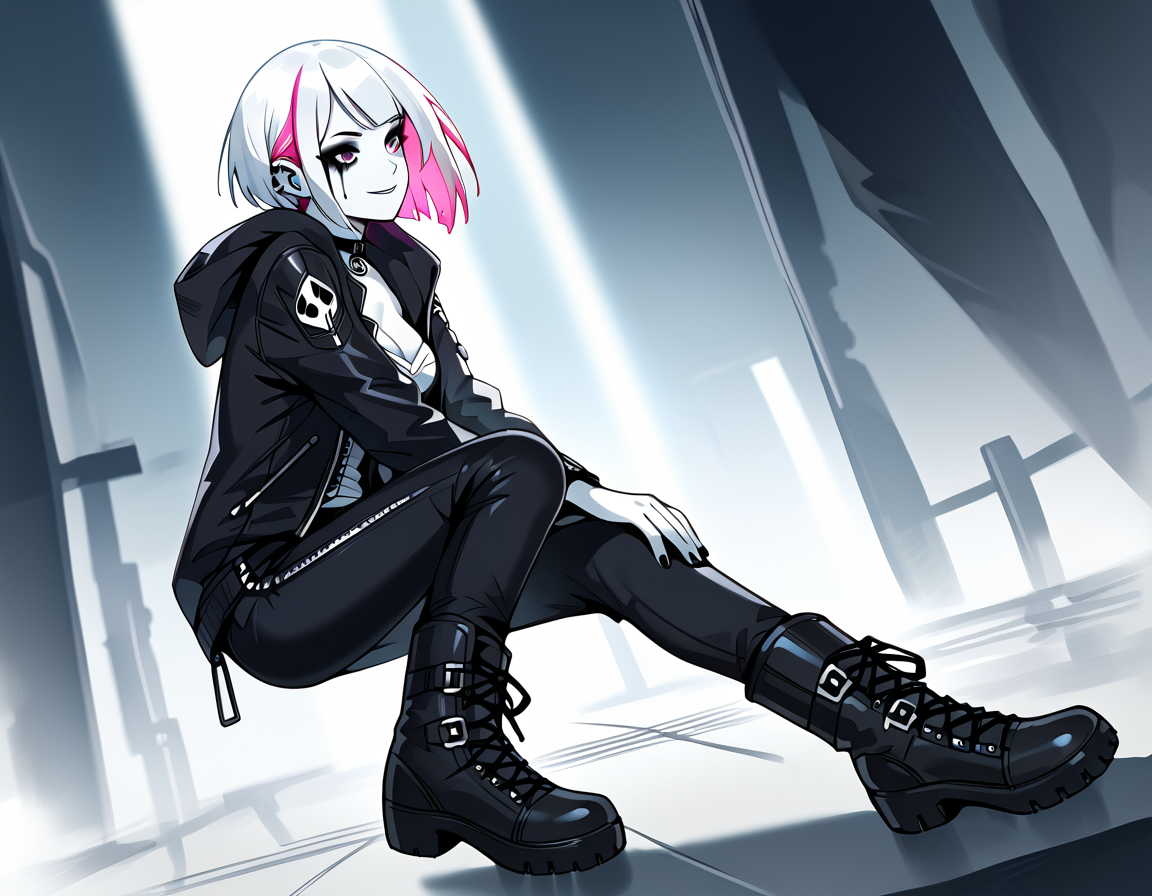 (score_9,score_8_up,score_7_up:1), 1girl, full body, center dutch angle, low lighting, warm smile, (goth, (black lipstick, black mascara, black eyeshadow)), (skinny), white hair pink highlights, side parted short hair, choker, eyeshadow)), (bloodless white glowing skin), medium breasts, perky, (crying in sorrow), space BBQ backyard, (Black leather jacket, black leather pants, black riding boots, silver trim), <lora:ttf:1> ttf