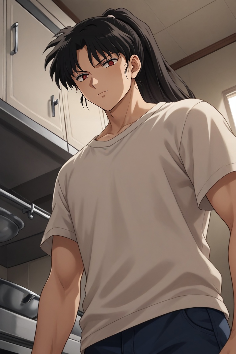 score_9, score_8_up, score_7_up, source_anime, rating_safe, intricate details, semi-realistic, looking at viewer, , 1boy, solo, male focus, <lora:naraku_inuyasha_pony:0.8>, naraku_inuyasha, black hair, red eyes, long hair, bangs, ponytail, from below, kitchen, indoors, light, holding weapon, squinting, halloween costume, <lora:sdxl_lightning_8step_lora:1>