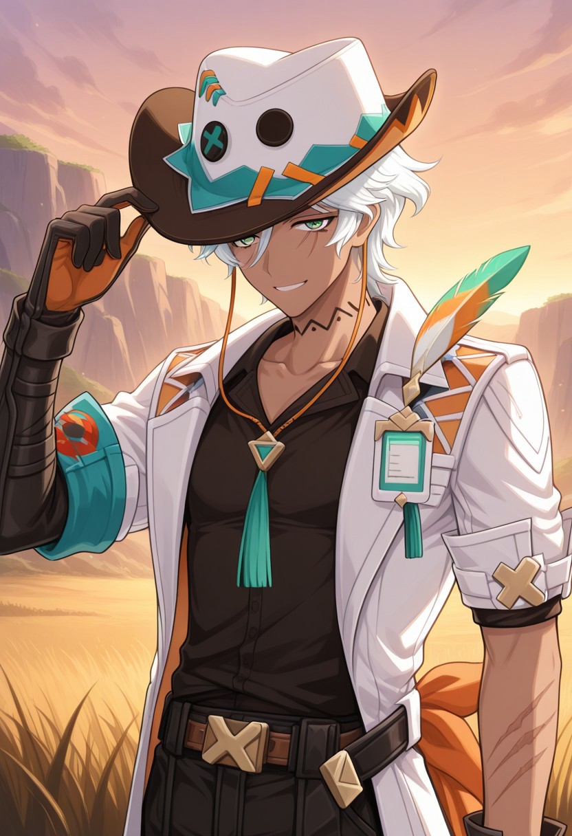 masterpiece,best quality,amazing quality, source_anime,
ifagimpa, 1boy, male focus, solo, dark skin, dark-skinned male, green eyes, white hair, hat, cowboy hat, white headwear, neck tattoo, collarbone, shirt, black shirt, coat, white coat, short sleeves, open coat, scar on arm,  gloves,smile, outdoor,