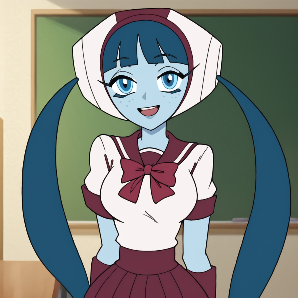 1girl, Corlyan, colored skin, twintails, blunt bangs, blue hair, blue eyes, freckles, medium breasts, narrow waist, wide hips, looking at viewer, school uniform, smile, highres, high quality, masterpiece, <lora:Corlyan:1> <lora:Expressive_H:1> Expressiveh