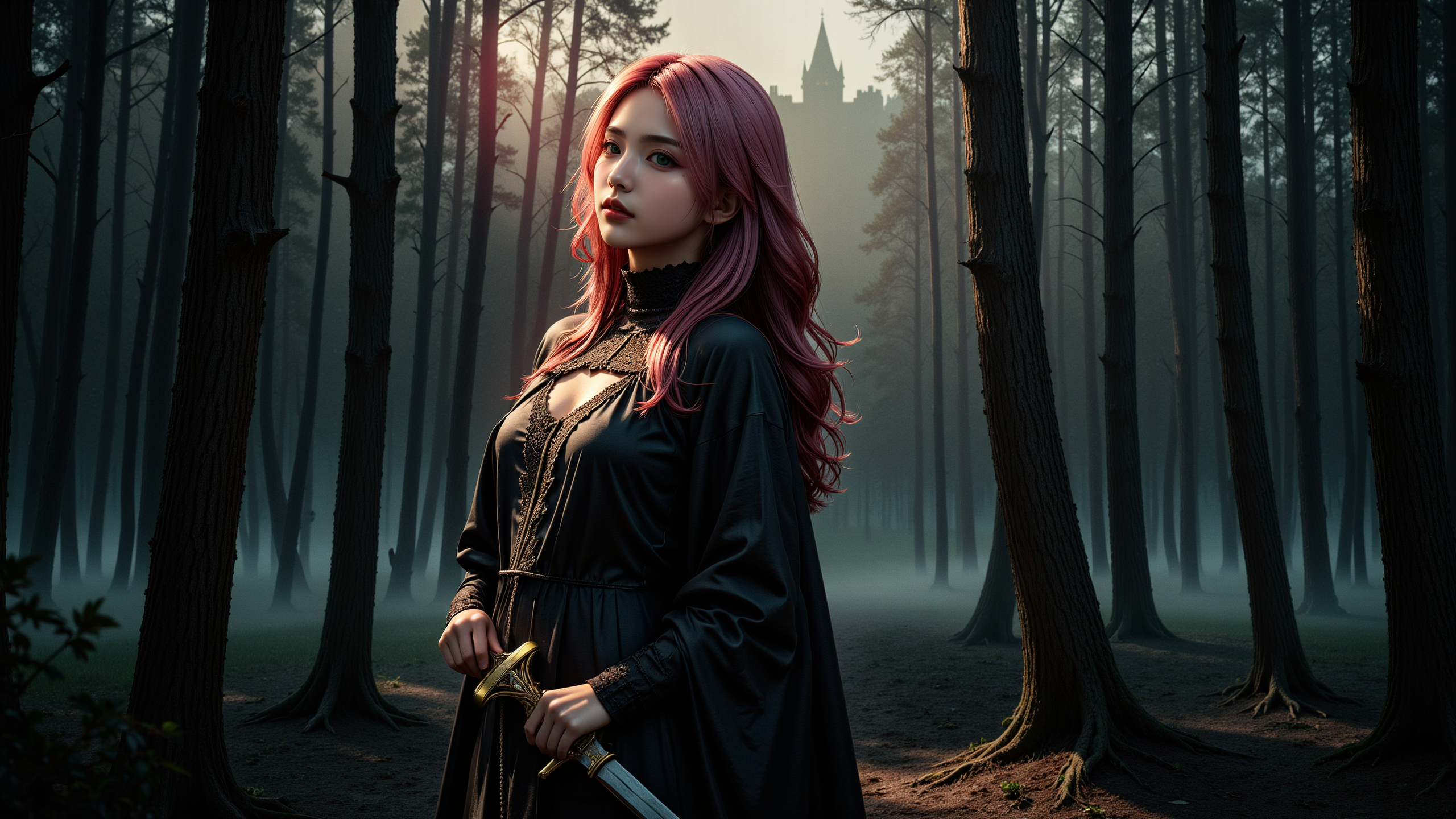 A young woman with long,wavy pink hair standing in a dark,misty forest. She has fair skin and wears a black,medieval-style dress with intricate lace details. Holding a sword,she exudes a sense of determination and mystery. The background showcases tall,slender trees with a faint,ominous castle tower visible through the fog,adding to the eerie atmosphere.,<lora:yuukananri-base-02-flux:0.8>,yuukananri,she has a slender physique and a petite build,