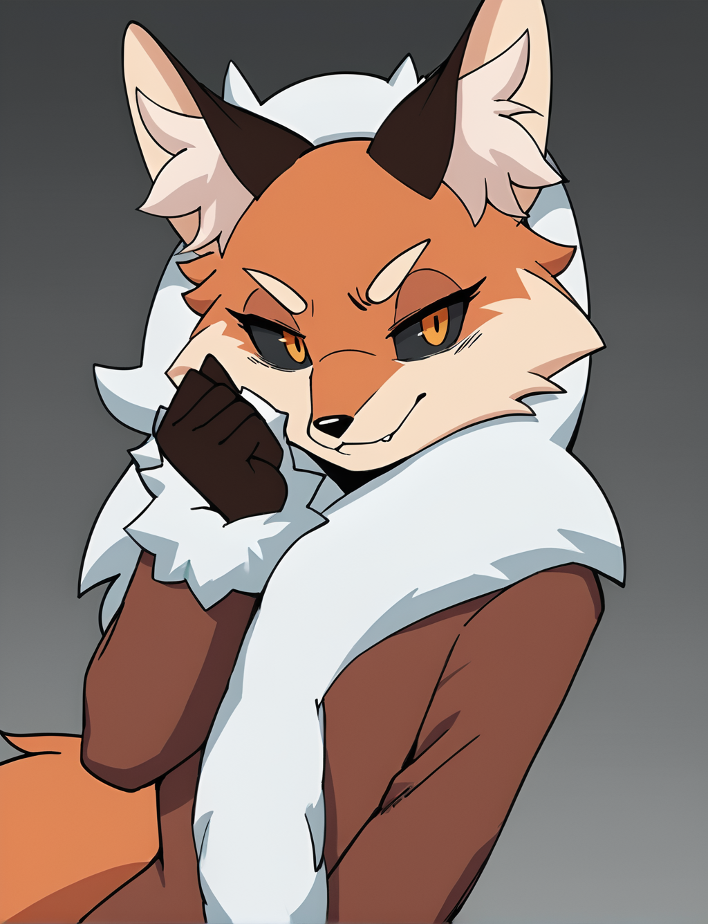 score_9, score_8_up, score_7_up, score_6_up, score_5_up, score_4_up, source_anime, furry, fox
BREAK
1 girl, solo, alicestick, cowboy shot,  black sclera, fur coat, portrait
BREAK
<lora:AliceStick2:0.85>