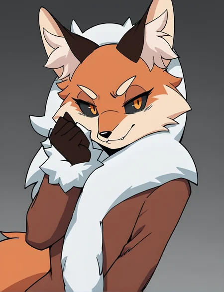 score_9, score_8_up, score_7_up, score_6_up, score_5_up, score_4_up, source_anime, furry, fox
BREAK
1 girl, solo, alicestick, cowboy shot, black sclera, fur coat, portrait
BREAK
<lora:AliceStick2:0.85>