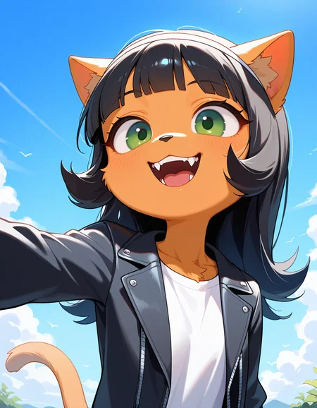 masterpiece, best quality, very aesthetic, absurdres,
outdoors,
headshot,
white t-shirt, black jacket,
smile, parted lips, fangs,
<lora:Kitty_Katswell_v01_NAIXL:1>
K1tty_Kat6w3311, 1girl, solo, furry, furry female, animal ears, long hair, black hair, hairband, blunt bangs, flipped hair, green eyes, animal nose, body fur, orange fur, cat tail,