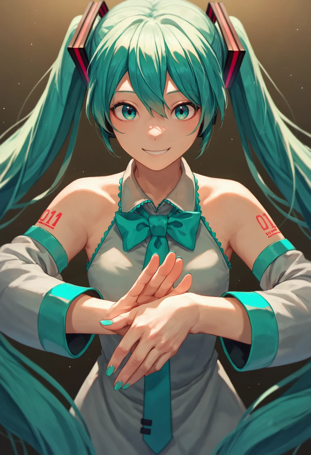 score_9_up score_8_up score_7_up, 1girl, own hands together, smile, hatsune miku
<lora:chainsawman_pose_makima_pony:1>