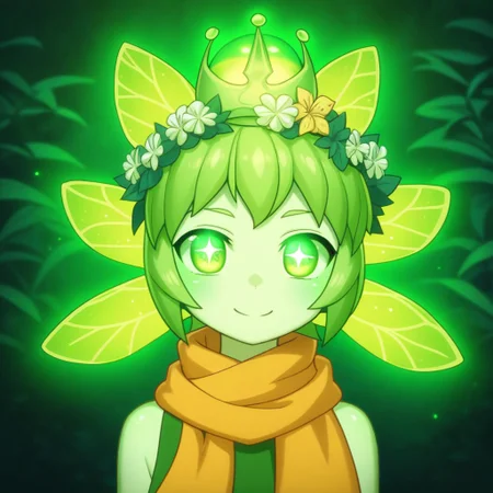 mana_sk style, portrait, focus on face, a playful forest sprite girl with short lime-green hair adorned with tiny flowers, sparkling emerald eyes full of mischief, wearing a leafy crown and a scarf made of vines, her smile glowing with magical charm, faint sparkles and fireflies dancing around her, Japanese RPG style, whimsical and vibrant atmosphere, intricate details on her crown and glowing fireflies