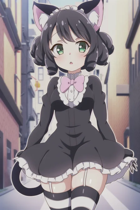 1girl, show_by_rock, cat ears, short black hair, (street background), striped stockings, cat tail, dress, green eyes, curly hair, curls