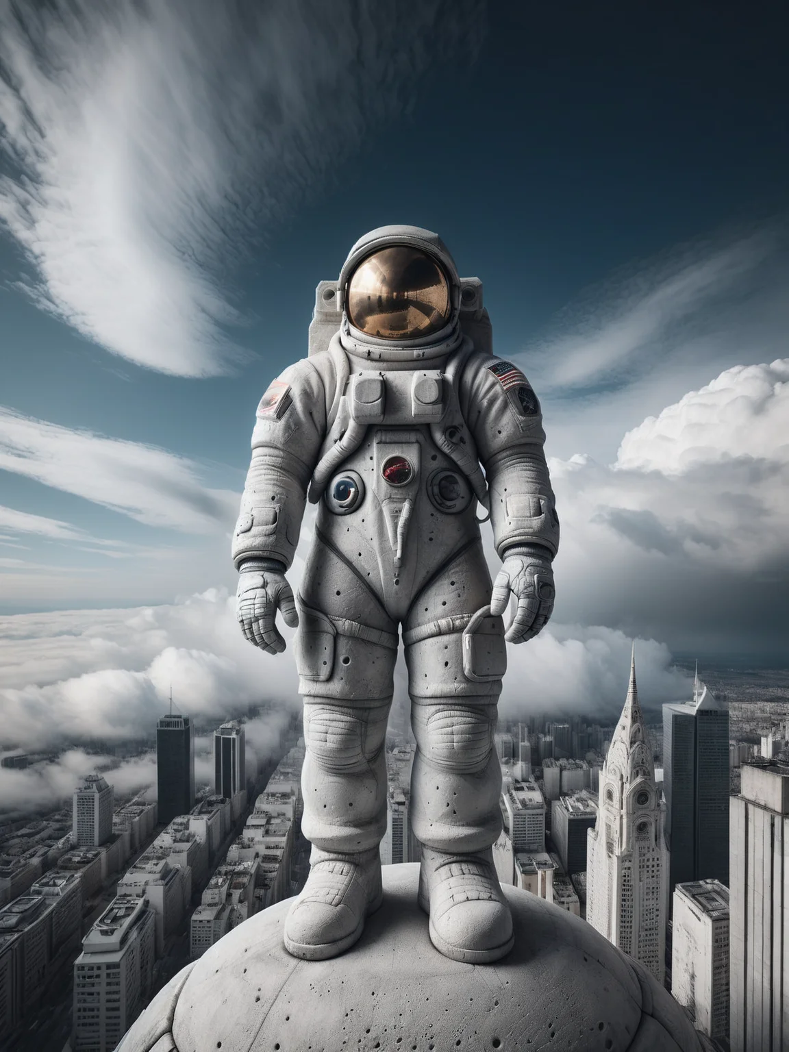 gigantic astronaut made of mad-concrete standing in the middle city, clouds, cityscape, from below, <lora:Concrete_Style_SDXL:1.2>, masterpiece, best quality, ultra high res, (photorealistic, realistic:1.2), deep shadow, raw photo, film grain, Fujifilm XT3, 8k uhd, dslr