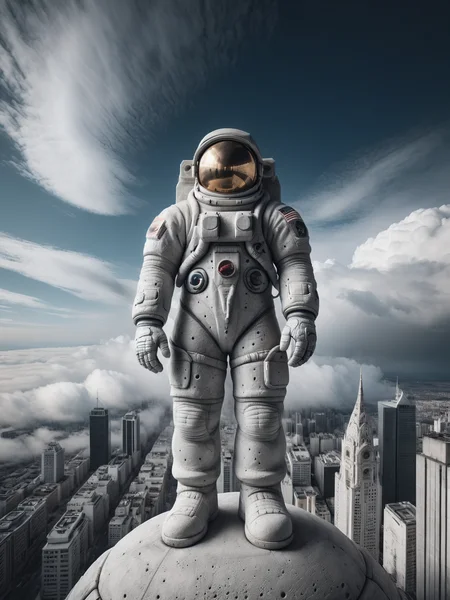 gigantic astronaut made of mad-concrete standing in the middle city, clouds, cityscape, from below, <lora:Concrete_Style_SDXL:1.2>, masterpiece, best quality, ultra high res, (photorealistic, realistic:1.2), deep shadow, raw photo, film grain, Fujifilm XT3, 8k uhd, dslr