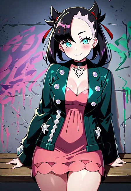 ((masterpiece, best quality)), high resolution, highly detailed, 32k picture,
scifi, perfect scifi, minimalist, cinematic, movie poster, 
 absurdres, medium breasts, (curvy), eyelashes,   shiny skin, vivid colors,  BREAK,
,,,
zzMarnie, aqua eyes, black choker, red ribbon, pink dress, jewelry, black jacket, open clothes, long sleeves,
,,,
looking at viewer, smile, blush, 
leaning on wall, bench, scifi, cyberpunk setting, backstreet, graffiti,