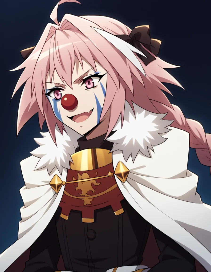 score_9, score_8_up, score_7_up, source_anime, <lora:astolfo-apocrypha-s1-ponyxl-lora-nochekaiser:1>, astolfo, long hair, pink eyes, hair ribbon, pink hair, braid, ahoge, white hair, male focus, multicolored hair, streaked hair, single braid, otoko no ko, long braid,, <lora:clown-ponyxl-lora-nochekaiser:1>, clown, makeup, clown nose, facepaint, gloves, long sleeves, frills, dress,, smile, open mouth, smug, , dutch angle, cowboy shot