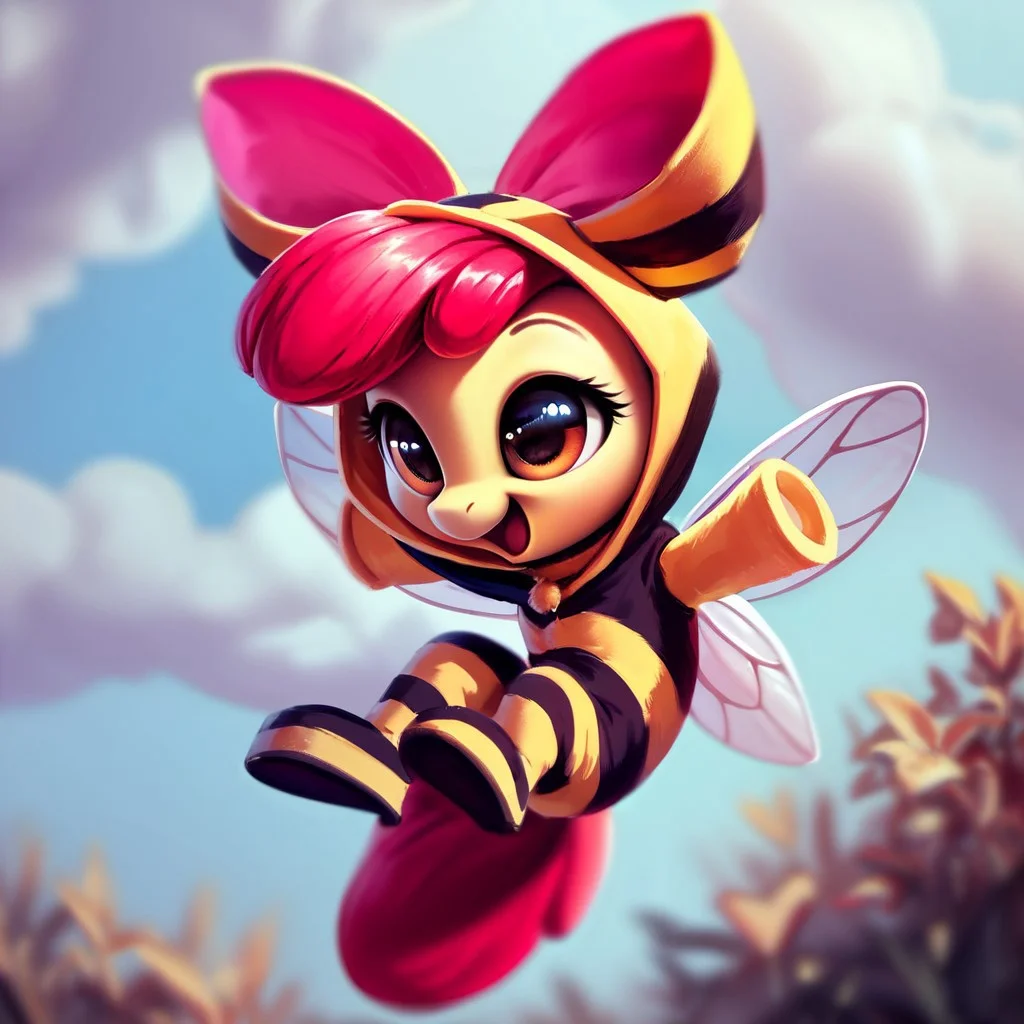 score_9, score_8_up, score_7_up, Apple bloom, 1girl, solo, outdoors, jumping, happy, close eyes, open smile, bee outfit, costume, fake insect wings, yellow hood, bee costume, quadruped, best quality, masterpiece, BUZZ