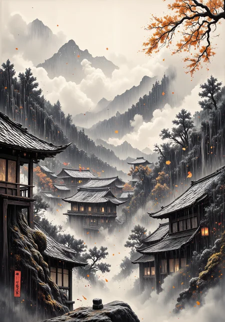 Sumi-e rainstorm depiction on aged washi paper, monochromatic black ink with splashed mineral pigment accents, capturing mountain village during autumn downpour. Dramatic brushstrokes reveal distant temple roofs through misty veil, pine trees bending against wind. Negative space suggests heavy rainfall using traditional hatajirushi technique. Embodying yugen aestheticâmysterious depth and profound atmosphere. Imperfect ink splatters celebrate wabi-sabi philosophy. Weathered red seal mark in corner. Asymmetrical composition with strong diagonal movement, water droplets rendered with tsukuri-com technique. Contemplative melancholy of mono no aware present in falling leaves caught mid-descent. Subtle gray wash background suggesting mountain silhouettes, minimal yet evocative. <lora:FluxMythR3alisticF:0.7> <lora:New_Fantasy_CoreV4_FLUX:0.8> <lora:flux_semifluid_pigments:0.7> <lora:dreadmirth-art-style:0.2> <lora:flux_dev:1>