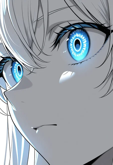 masterpiece, best quality, newest, absurdres, highres, Yukinoshita Yukino, coloured skin, white skin, blue eyes, long hair, close-up, eye focus, glowing, spot color, monochrome, <lora:YahariOreNoSeishunLoveComedy_YukinoshitaYukino_IlluXL:0.9>, glowing, white hair, serious, detailed,