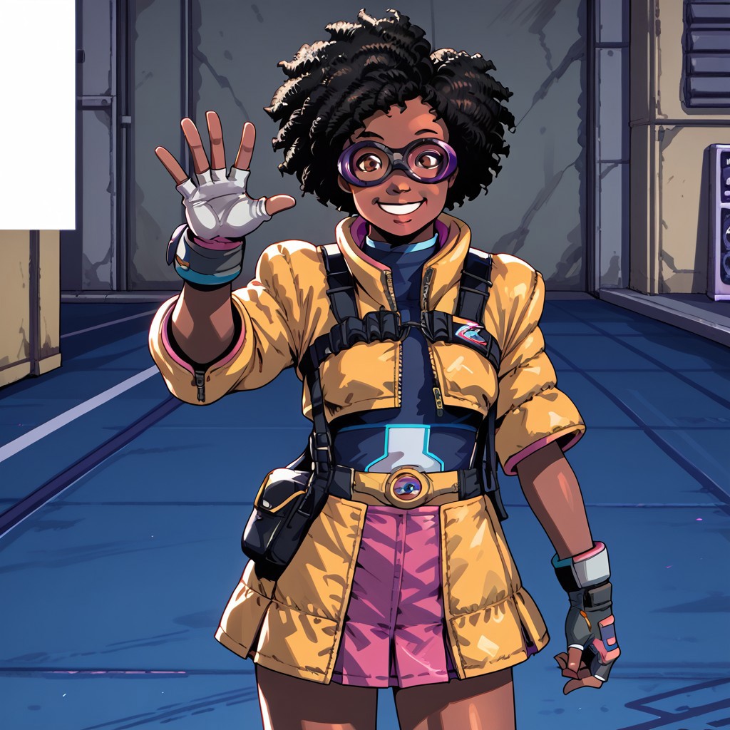 1girl,dark skin,afro,yellow jacket,solo,fingerless gloves,pink skirt,goggles,dark skin,black hair,short hair,sneakers,brown eyes,standing,waving,smiling,looking at viewer,facing viewer,bare legs,one hand down