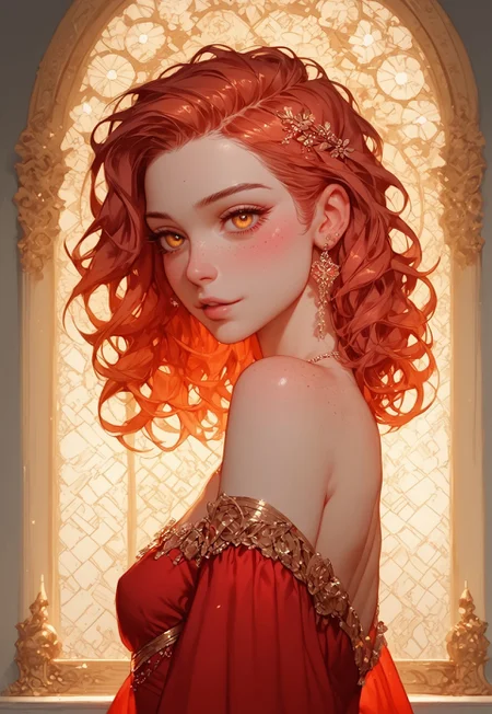 score_9, score_8_up, score_7_up, score_6_up, score_5_up, score_4_up, Expressiveh, g0th1c, human female, short, small, petite body, slender, small perky breasts, aesthetic face, shoulder length red hair, glowing amber eyes, round eyes, very small nose, big ears, small lips, small mouth, small head, freckles, round ears, ashen skin, cheeky smile, dedicated face, enthusiastic face, lopsided smile, beautiful, very revealing red dress, silk dress, deep cleavage, sitting on gold divan, background is luxurious brothel room, decorated background, artistic brackground, background dominant colour is red, white and gold, decorated window, alone, close up, from behind, looking back