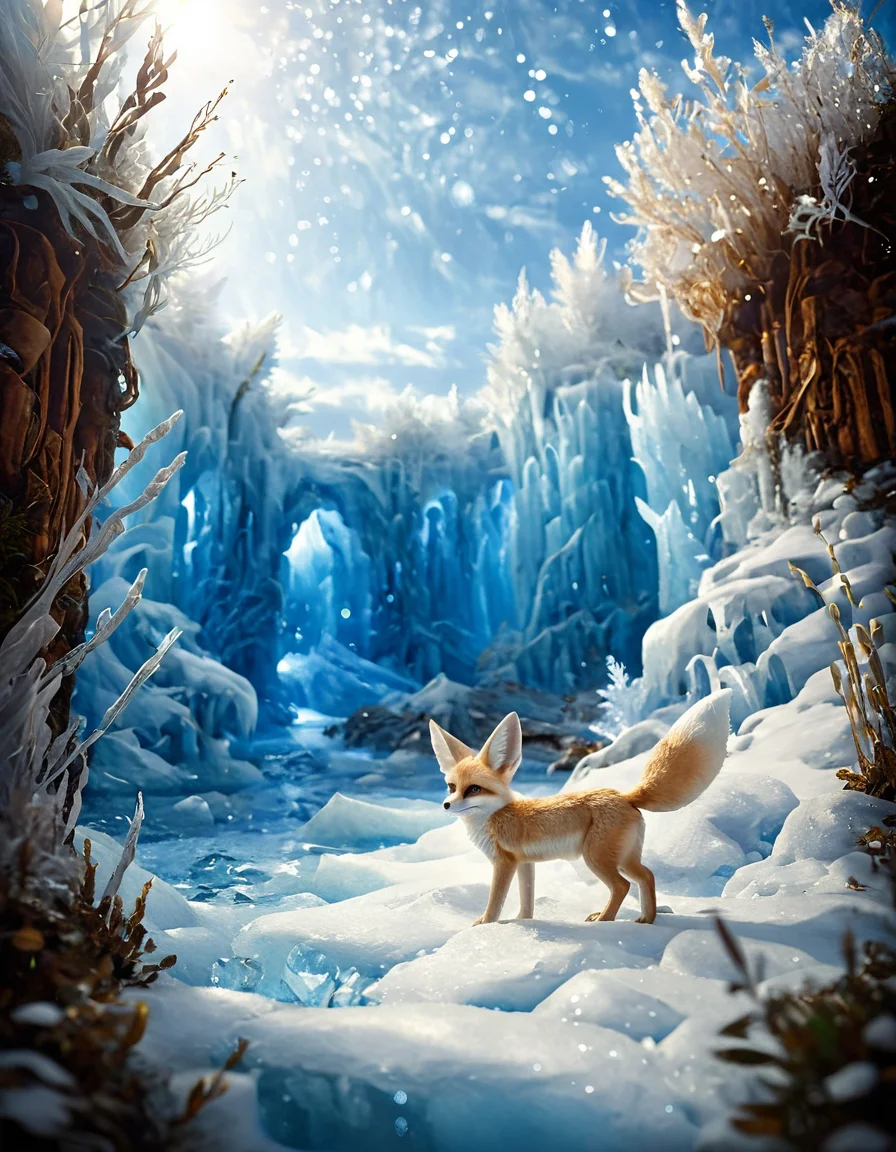 <lora:Medieval_Worlds_Scenery01xla:1> mwl01, scenery, vegetation, brown, bokeh, sea, fantasy, frozen walls, natural skylight, gold, cute fennec, fantasy