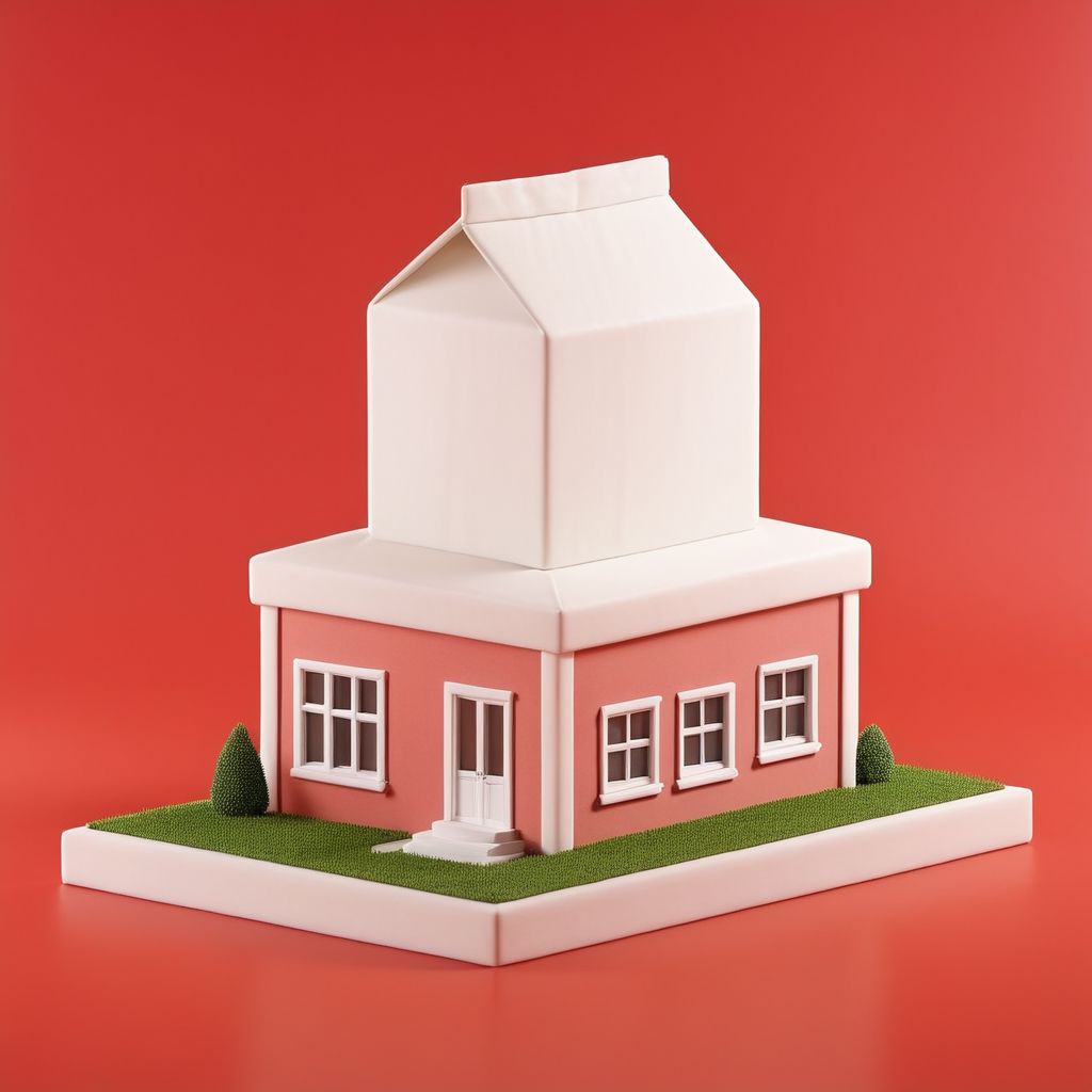 isztoksk, no humans, building, simple background, window, milk carton as a building, from behind, red background, house, 3d, miniature, isometric, game design, octane render, masterpiece, best quality