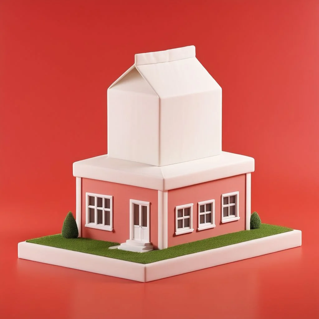 isztoksk, no humans, building, simple background, window, milk carton as a building, from behind, red background, house, 3d, miniature, isometric, game design, octane render, masterpiece, best quality