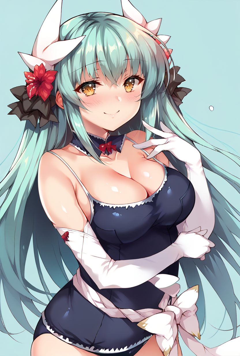 score_9,score_7_up,  <lora:kiyohime_(lancer)_XL_1:1>  bbkiyo, long hair, aqua hair, white horns, hair flower, red hair flower, yellow eyes, detached collar, cleavage, school swimsuit, blue one-piece swimsuit, elbow gloves, white gloves, sash, blush, smile, <lora:Ninoko-Style-PonyXL-Dora-000038:1>