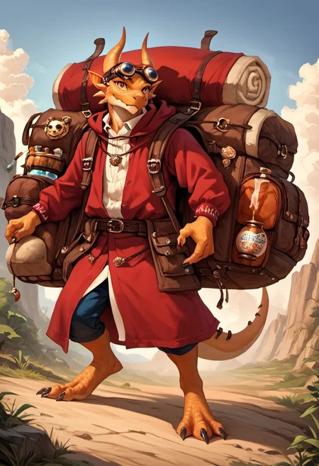 goblin, 1boy, golden skin, Kobold, furry dragon, slender body, small, adult,  tail, short stature, full body, score_9, score_8_up, score_7_up, fighting pose, looking at viewer , score_6_up, alchemist bomber, goggles on head, pathfinder portrait, potions, potion belt, red robes, golden ornaments, jewellry, junk on backpack, (((enormous backpack, silly huge backpack, gigantic backpack))),  rpg portrait, gop, oil painting \(medium\), texture, looking at viewer, tail