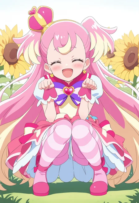 1girl, cure wonderful, wonderful precure!, <lora:wonderfulXLv3:0.7>,long hair, pink hair, multicolored hair, pink eyes, magical girl,
feet out of frame, sunflower field, squatting, smile, paw pose, closed eyes, open mouth, blush,
best quality,medium quality,