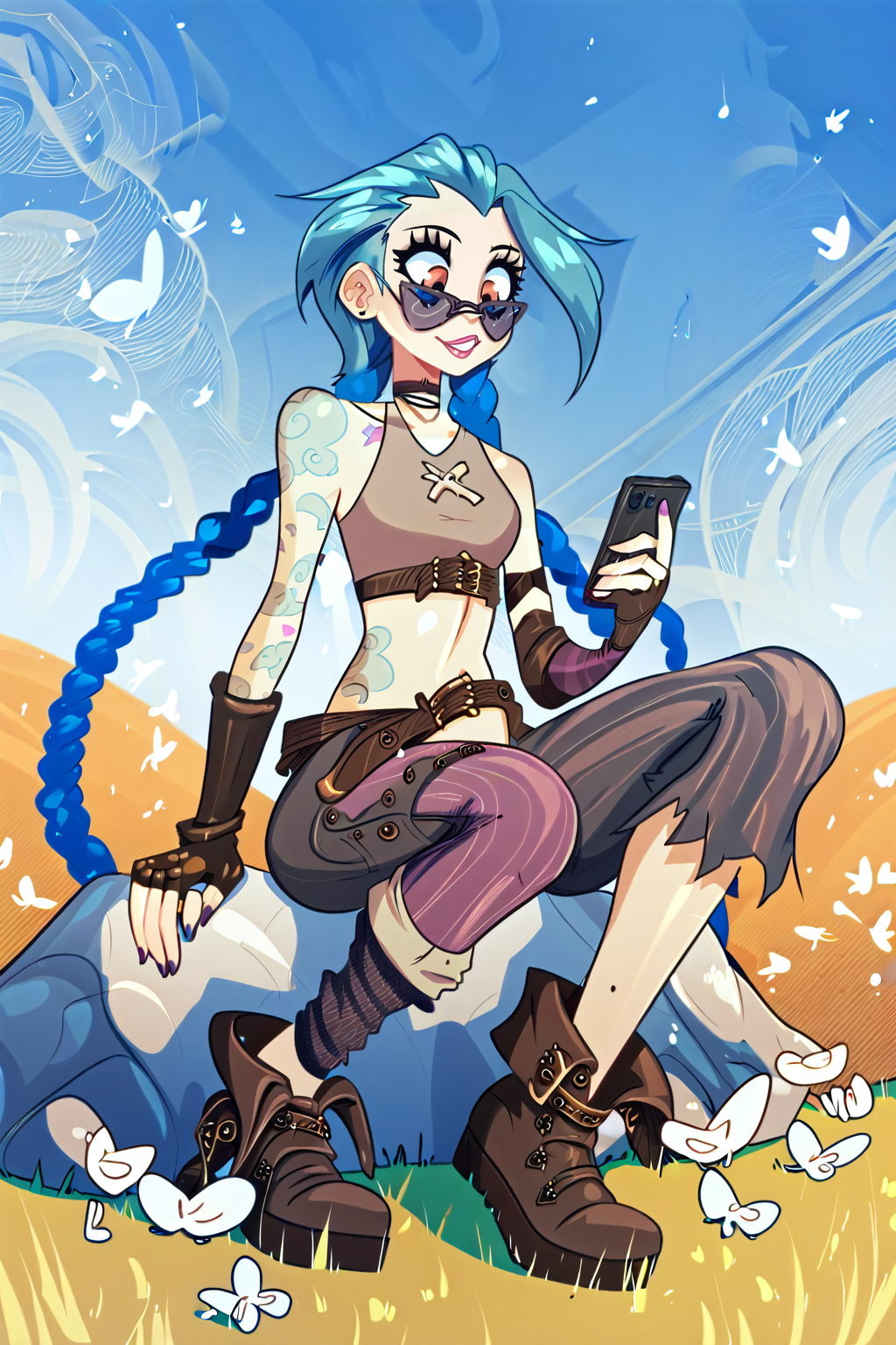 score_9, score_8_up, score_7_up, masterpiece, high quality
<lora:jinxPonyLora1:0.8>1girl, long hair, twin braids, bare shoulders, choker, crop top, fingerless gloves, detached sleeves, single sleeve, midriff, belt, nail polish, tattoo, bandaid on leg, pants, boots, striped, sitting in the grass in a park, butterflies, blue sky, white clouds, wearing blue tinted sunglasses, holding smartphone
 <lora:Rapscallion_style_PDXL:1> Rapscallionstyle