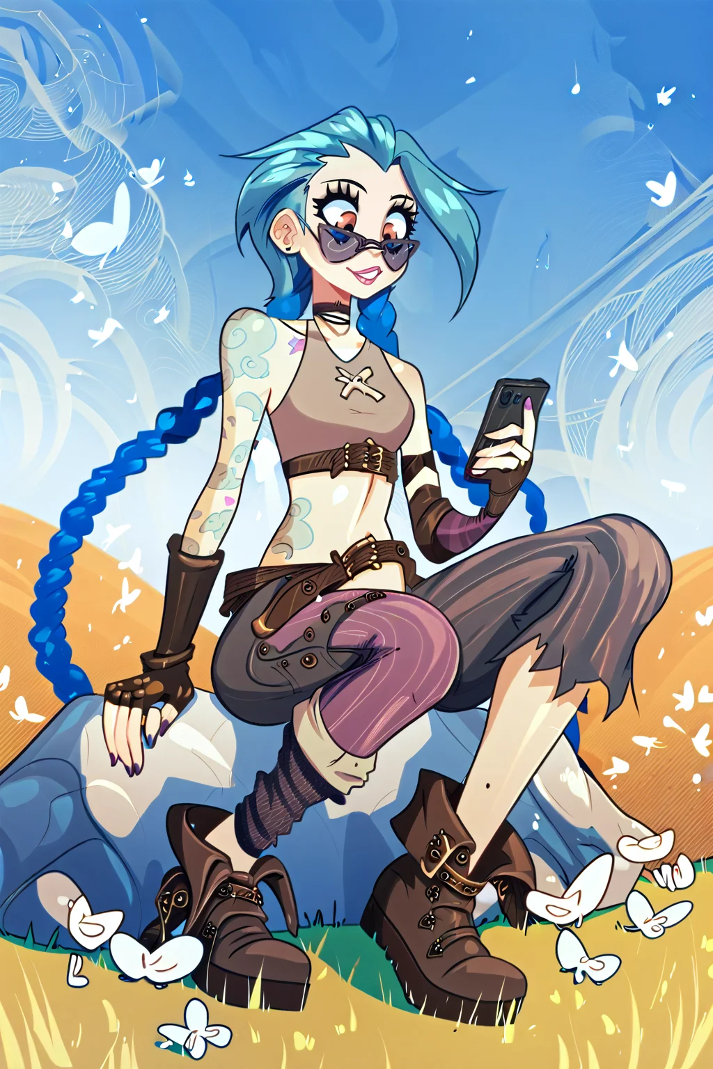 score_9, score_8_up, score_7_up, masterpiece, high quality
<lora:jinxPonyLora1:0.8>1girl, long hair, twin braids, bare shoulders, choker, crop top, fingerless gloves, detached sleeves, single sleeve, midriff, belt, nail polish, tattoo, bandaid on leg, pants, boots, striped, sitting in the grass in a park, butterflies, blue sky, white clouds, wearing blue tinted sunglasses, holding smartphone
 <lora:Rapscallion_style_PDXL:1> Rapscallionstyle