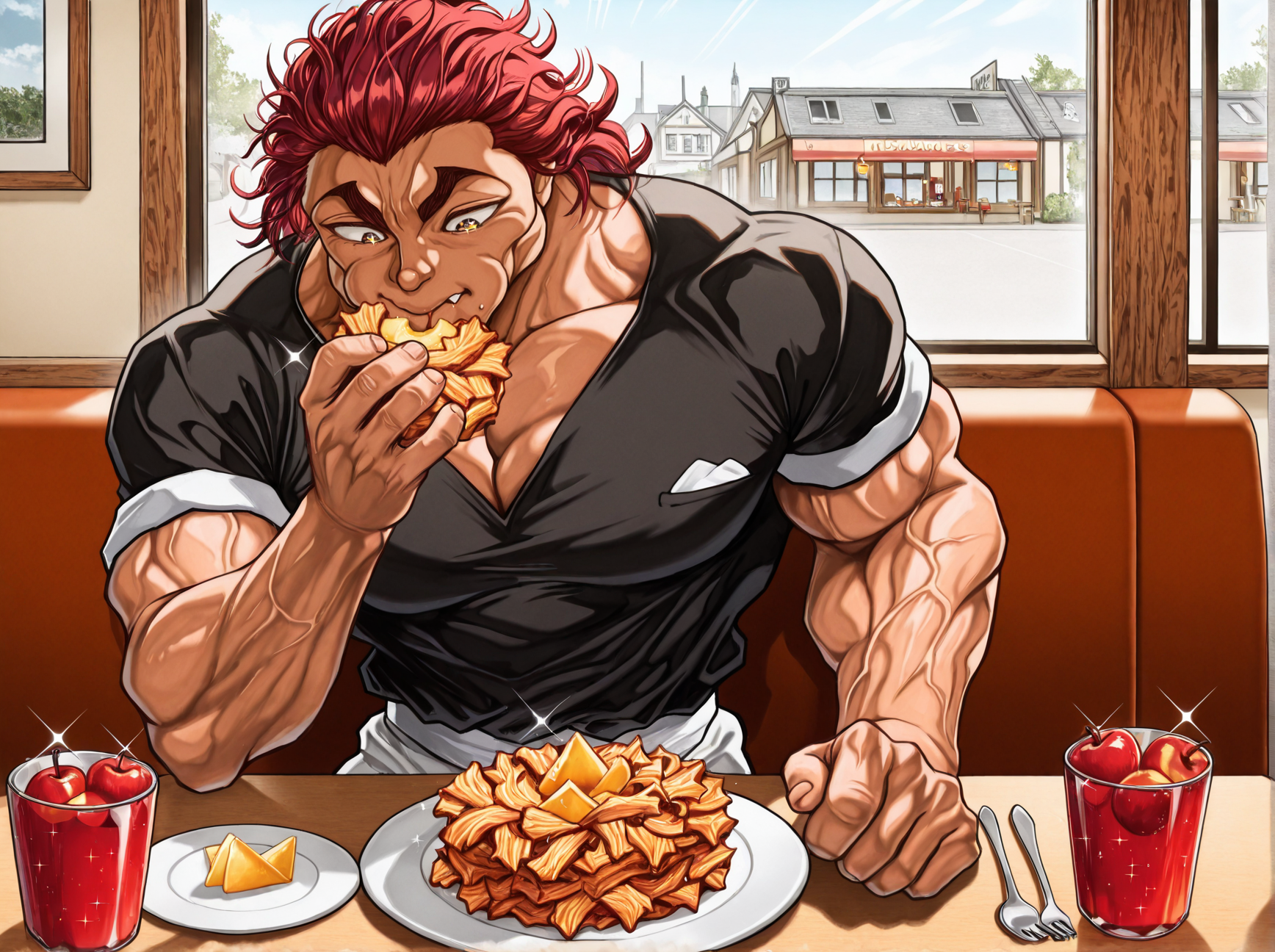 masterpiece, best quality, amazing quality, absurd res, 
 <lora:Yujiro_Hanma_Baki_for_Illustrious:1> 1boy, yuj1ro, muscular, pants, shirt, red hair, solo
 <lora:DaHappyToServeILXL:0.7> dafoodie, sparkling food focus, sparkle
indoors, restaurant, at table, booth, pov, eating, apple fritter, window,