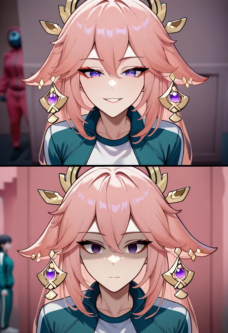 masterpiece, best quality, newest, absurdres, highres, 2girls, 2koma, looking at viewer, comic, scene reference, track jacket, blurry background, <lora:Year1&Year2SquidGameMeme_illusXLNoobAI_Incrs_v1:1>, yae miko, dual persona, expressions, shaded face, smile, empty eyes,