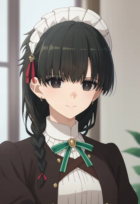 score_9, score_7_up, source_anime,
yokoya, 1girl, solo, black eyes, black hair, braid, maid headress, jewelry, earrings, maid, shirt, white shirt, ribbon, neck ribbon, jacket, black jacket, portrait, smile, closed mouth,
indoor,