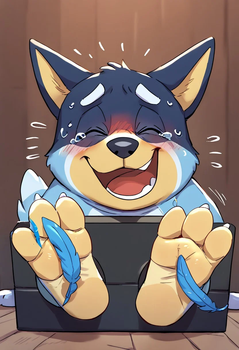 score_9,score_8_up,  <lora:OtherStyle_01:0.6>, .paws through wall. ((three toes)), soft soles, ((cute feet)), toes curling. paws wiggling, paws shaking. 
((((face on monitor)))). (BanditPXL, blushing, laughing hard, nervous, ticklish, embarrassed, head turned, mouth open, eyes closed, tears.)
((tickling feet with a single feather))
detailed, masterpiece, dynamic lighting.
