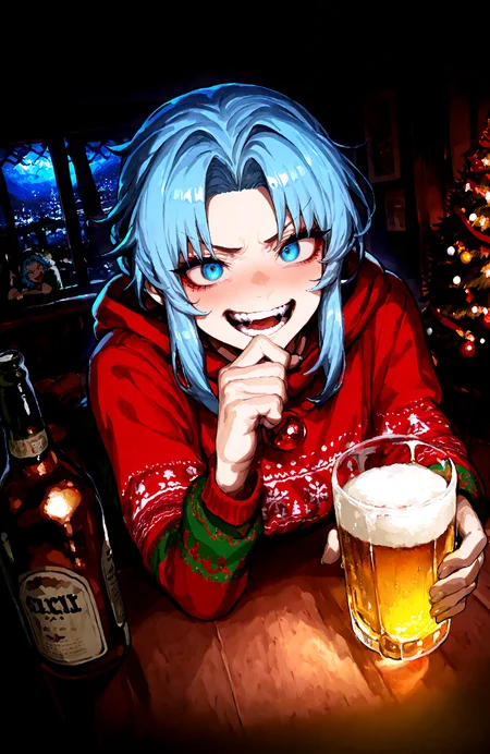 1 girl,  kumoi_ichirin , blue_eyes ,blue_hair,  hood, long_sleeves, looking_at_viewer ,medium_hair ,parted_bangs ,sidelocks , solo, v-shaped_eyebrows , white_footwear, alcohol , beer , bottle, cup, drink, drinking_glass , holding ,holding_cup , laughing,
christmas_sweater,  dark, night, indoors,
,Fishine, munakata_(sekimizu_kazuki),dekosukentr,kizuki_aruchu ï¼ireadingï¼kubo_tite_(style) ,
ï¼masterpiece, best quality, newest, absurdres, highres,
<lora:illustrious_noobai_epsilon_pred_1_best_quality_v1:0.4> ,<lora:illustrious_noobai_epsilon_pred_1_masterpieces_v1:0.4>, <lora:illustrious_noobai_epsilon_pred_11_very_aesthetic_v1:0.4>, <lora:ponyv5_noobV065S_1_adamW:0.6>, <lora:add-detail-xl:0.4>, <lora:GEN(illust) 0.2v:0.6>, <lora:USNR STYLE_XL_loha:0.6>, <lora:cfg_scale_boost:0.4>, <lora:christmas_sweater:0.8>