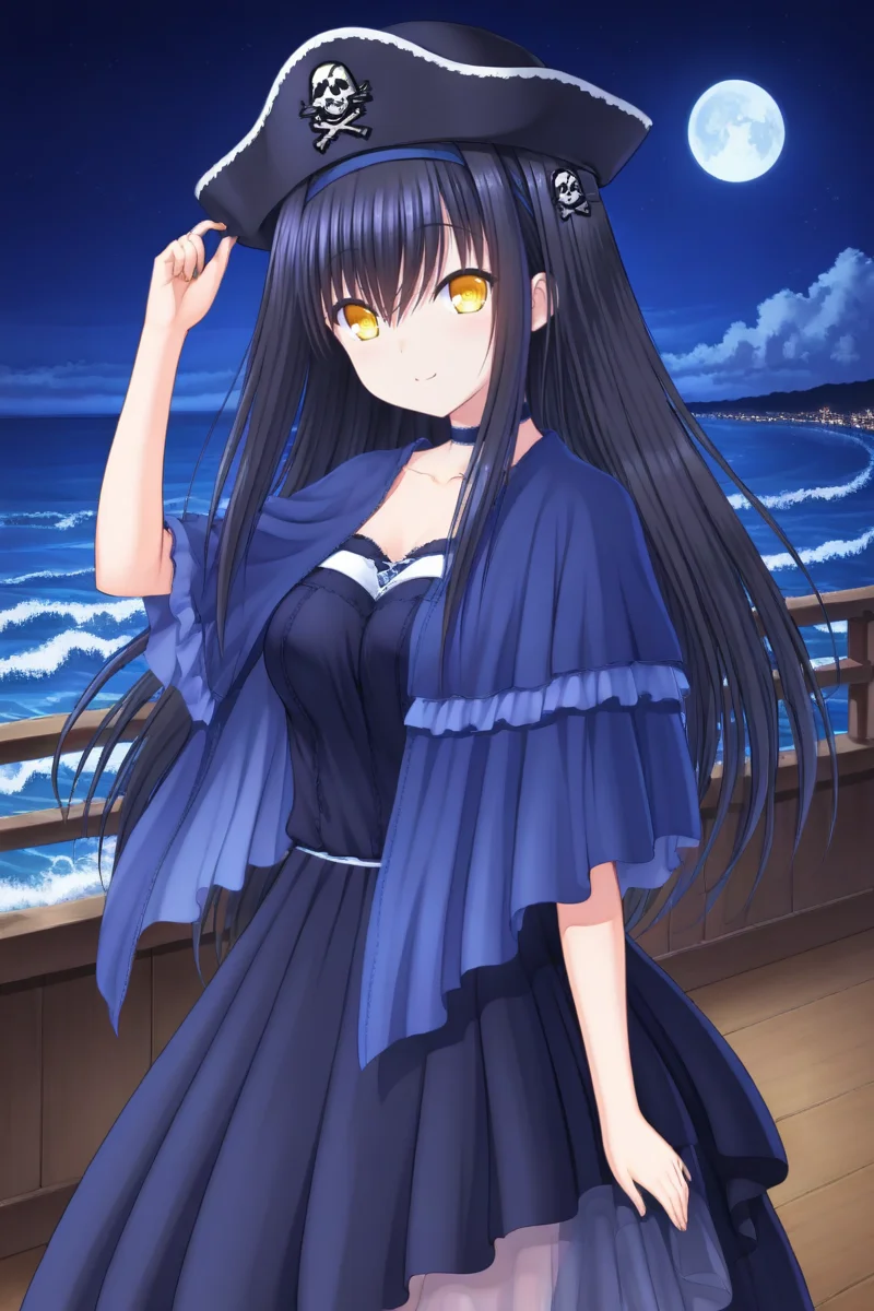 masterpiece,best quality,amazing quality,highres,scenery,newest,1girl,official style,kamome,long hair,yellow eyes,hair ornament,hairband,black hair,skull hair ornament,hair between eyes,kamome black,dress,capelet,collarbone,choker,blue capelet,floating hair,blue dress,blue hairband,<lora:summerpockets-kamome-V1:1>,Pirate hat,ship deck,opean,night,moon,from behind,looking at viewer,smile,adjusting hat,waves,upper body,