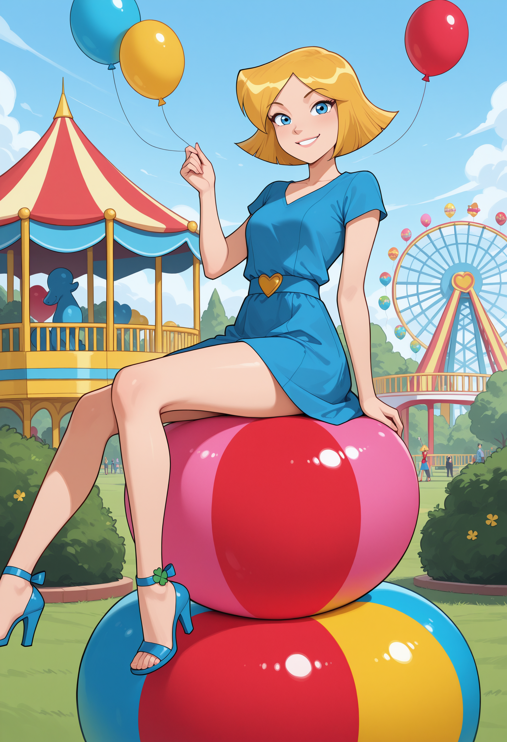 masterpiece, best quality, amazing quality, very aesthetic, high resolution, ultra-detailed, absurdres, newest, scenery,high contrast, BREAK   <lora:Clover_TS_ILXL:1> 1girl,clover_totally_spies, short hair, blonde hair, blue eyes,blue dress,multicolored balloons,outdoors,amusement park,sits on balloons,smiling,looking at viewer (<lora:StS_PonyXL_Detail_Slider_v1.4_iteration_3:1>:0.8)